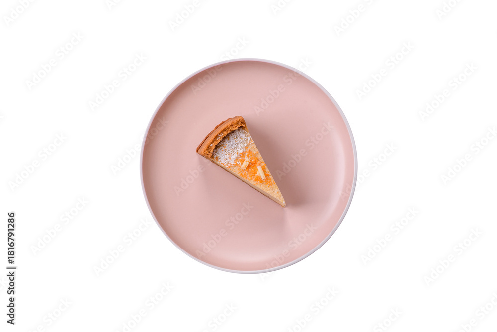 Fototapeta premium Cheesecake, a slice of sweet pie, a classic cheese dessert. Cheesecake as a food background