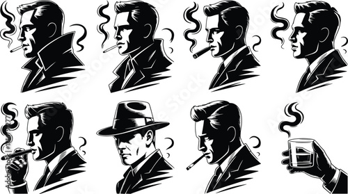 Black and White Film Noir Vector Set of Men with Cigars, Cigarettes, Trench Coats, and Fedora Hats, Evoking Vintage Detective and Retro Style.