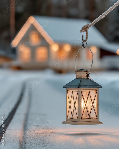 Cozy lantern lighting snowy winter evening.
