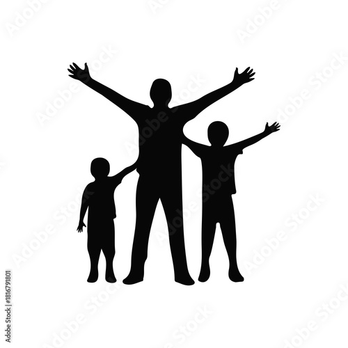 Silhouette of a father and two children with arms raised in celebration