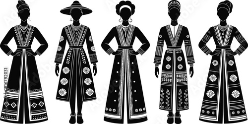 Vector Set of Women Silhouettes Wearing Traditional Ethnic Clothing with Intricate Patterns, Representing Indigenous Culture, Fashion, History, and Diverse Heritage.