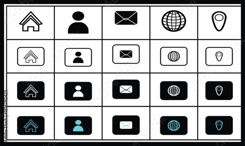 A versatile collection of twenty square icons for UI UX design, showcasing five key symbols (home, user person, mail/envelope, globe, and map pin) presented in four distinct styles simple outline, etc