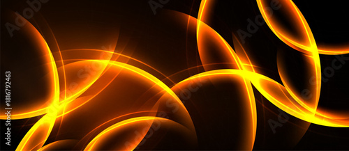 Bright orange curves flow across dark background. Abstract design evokes energy, warmth, motion. Simple yet dynamic visual composition.