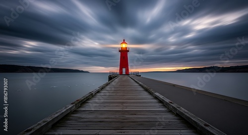 A red lighthouse stands at the end of a wooden pier, extending into calm water under a streaked, moody sky at dusk