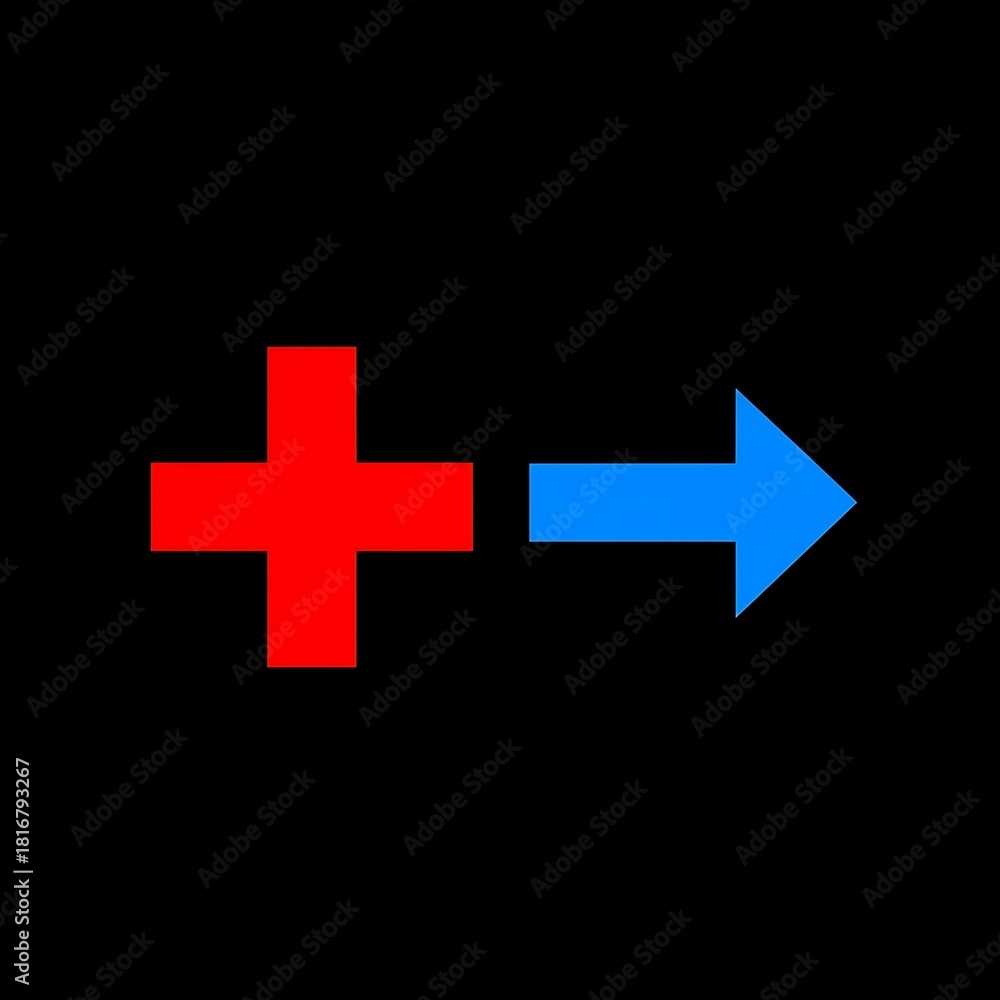 Fototapeta premium A red plus sign transforms into a blue right-pointing arrow set against a solid black background. Simple, bold design