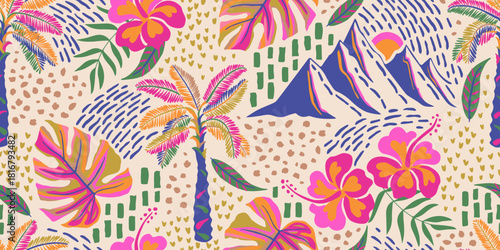 Tropical seamless pattern with hand drawn palm trees. Hawaiian florals summer background for fabric, textiles, clothing, poster, cover, decoration, banner, wallpaper, interior. Vector illustration.