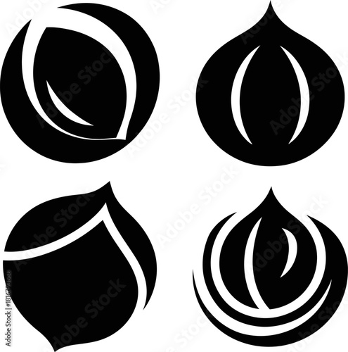 Abstract Nut Icons Set, Almond Hazelnut Chestnut Walnut Vector Symbols