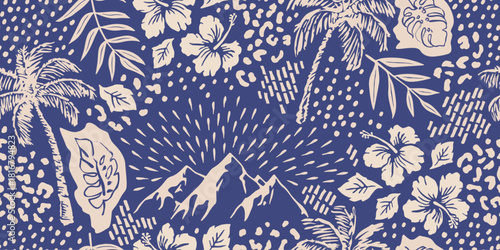 Tropical seamless pattern with hand drawn palm trees. Hawaiian florals summer background for fabric, textiles, clothing, poster, cover, decoration, banner, wallpaper, interior. Vector illustration.