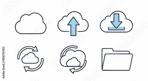 Cloud computing icons set - upload, download, sync, and storage for data and files