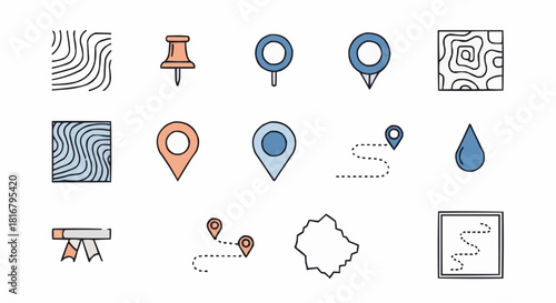 Set of vector icons related to travel, location, navigation, and maps in a modern style