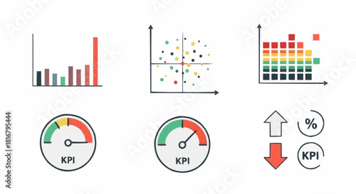 A set of colorful flat business icons for data visualization, including KPI gauges, charts, and graphs for performance reports and analytics