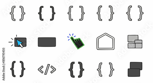 A versatile set of modern vector icons for web development, software programming, and user interface design, featuring code symbols and navigation elements