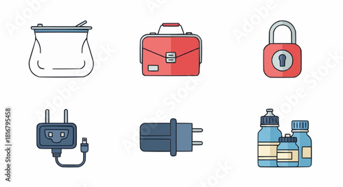 A modern collection of flat line vector icons for travel, business, and daily essentials, including a bag, padlock, and charger