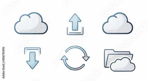 A collection of modern blue line art icons representing cloud computing services, including data upload, download, file synchronization, and online folder storage