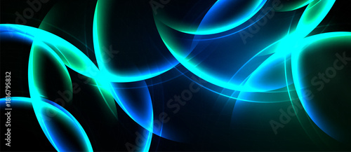 Abstract luminous shapes overlap, creating vibrant blue, teal energy. Dark background emphasizes glowing curves, lines. Modern digital art.