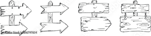 Vector art of handdrawn rustic wooden arrow signs and blank boards, isolated on