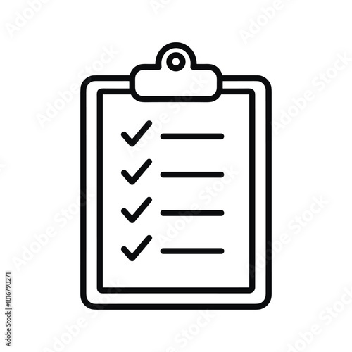Black and white line icon of a clipboard with a checklist showing four completed tasks marked with checkmarks