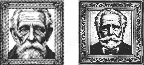 Vintage Halftone Portrait Engraving: 100-Year-Old Man's Face in Ornate Black and White Woodcut Frame, Vector Stamp Style Graphics