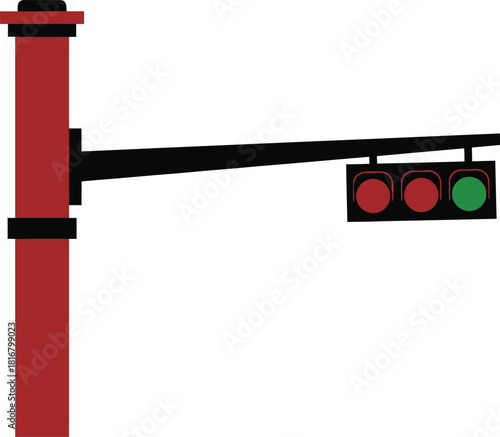 A simple clean flat design illustration of a traffic light pole with a signal showing red lights and one green light illuminated against a white background