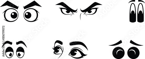 Cartoon Eyes Collection Expressing Diverse Emotions Black and White Vector Illustration for Animation and Design Projects Capturing Varied States of Mind and Character Portrayals