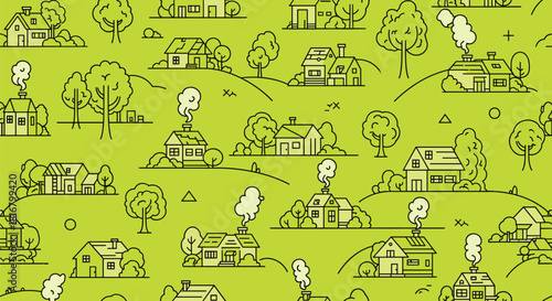 Cartoon houses and trees on green background create a whimsical and cheerful neighborhood illustration with a playful and inviting feel.