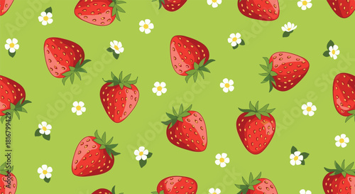 A bright and cheerful seamless pattern featuring ripe red strawberries and delicate white flowers scattered across a lush green background.