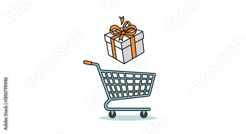 A delightful gift box with an orange bow floating above a light blue shopping cart, evoking a sense of online shopping and delivery.
