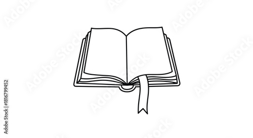 A black and white illustration showcases an open book with a bookmark, suggesting knowledge, literature, and the joy of reading.