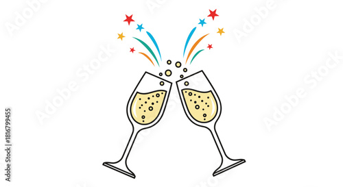 Two champagne glasses toasting with celebratory stars and bubbles represent a happy occasion or New Year's Eve illustration.