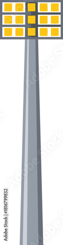 A tall modern stadium floodlight tower with multiple bright yellow lights illuminating the area against a clean white background symbolizing sports and outdoor events