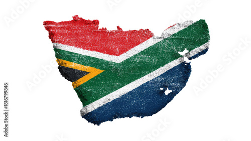  Map of South Africa in the shape of the country filled with its colorful national flag isolated on white background