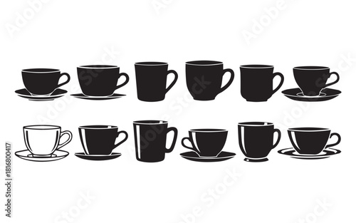 Black and white coffee cup drinkware icon set