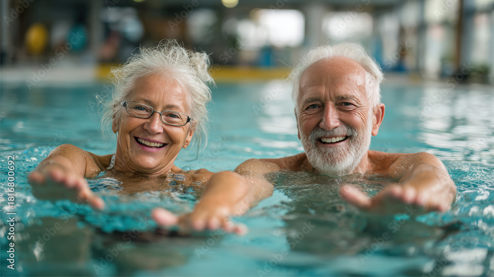 Fototapeta premium Joyful Elderly Couple Enjoying Aqua Stretching in Wellness Center Pool