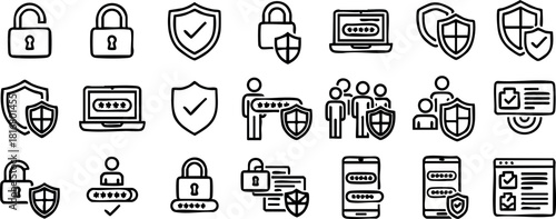 Security icons line style vector illustration with padlock shield user and password symbols for digital protection and privacy