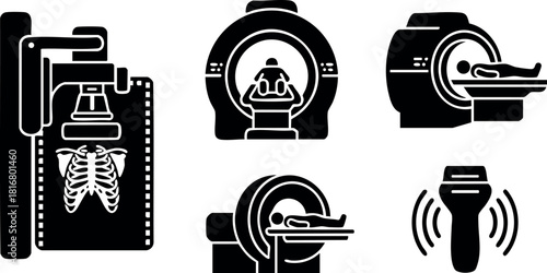 Medical xray scanner ct imaging machine and handheld scanner vector icons set