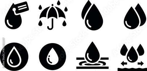 Water drop icons set with umbrella and splash symbols for liquid and rain protection design vector illustration