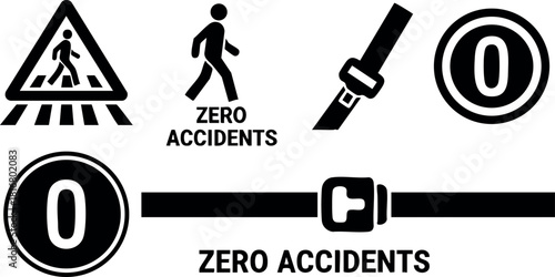 Safety icons set including pedestrian crossing zero accidents seatbelt buckle vector illustration
