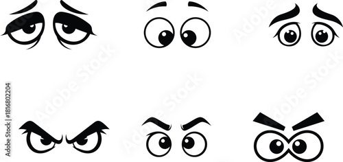 Cartoon Eyes with Varied Expressions Depicting Emotions and Moods for Design Projects and Illustrations Black and White Vector Collection