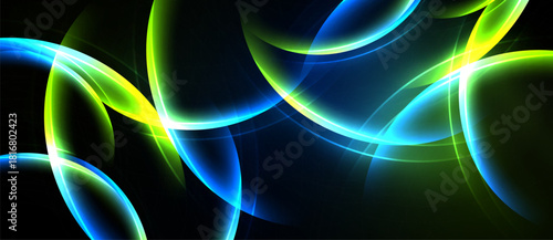 Abstract luminous curves, vibrant blues, greens, yellows. Dynamic composition, dark background creates striking visual impact. Smooth gradients, flowing energy.