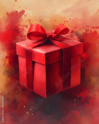 Red gift box with satin ribbon and bow on warm watercolor splash background with golden accents festive, elegant present for celebrations.
