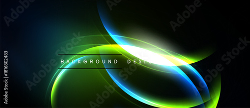 Abstract design features flowing curves, vibrant colors. Green, blue hues dominate dark background. Bright light accentuates shapes.