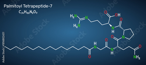 Palmitoyl tetrapeptide-7, palmitoyl-GQPR anti-aging cosmetic peptide. Skeletal chemical formula. Dark blue background. Vector illustration