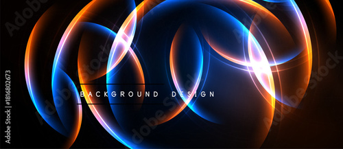 Abstract neon lights form flowing shapes. Vivid blue, orange hues dominate dark background. Modern design element.