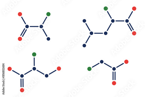 Amino acids glycine (Gly), alanine (Ala), serine (Ser) and leucine (Leu) molecular structures. Vector illustration