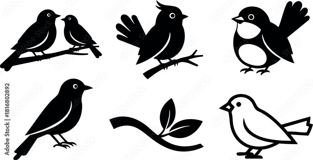 Fototapeta premium Black silhouette birds sitting and flying with branch vector illustration simple design