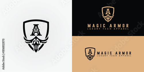 A classic shield bearing an ornate A symbolizes Magic Armor's blend of protective strength and luxurious style. This elegant, heraldic design draws inspiration from medieval armor and French couture.