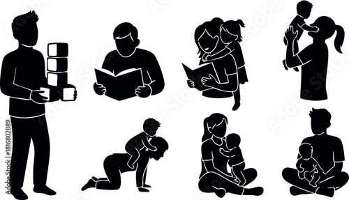 Silhouettes of children and adults playing reading and holding kids in various poses vector illustration