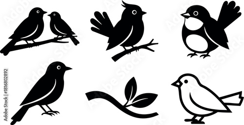 Black silhouette birds sitting and flying with branch vector illustration simple design