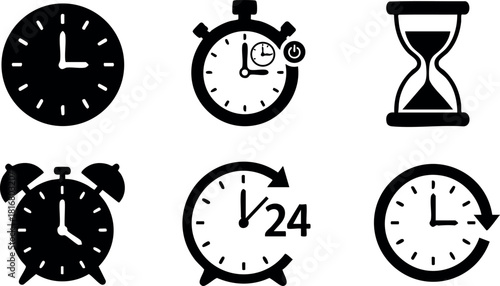 Time icons set clock stopwatch hourglass alarm timer vector illustration black silhouette