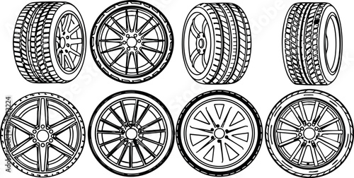Car wheels tire rims collection black and white outline vector illustration set for automotive design